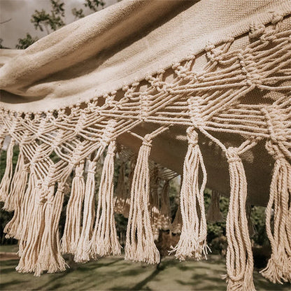 Cotton Rope Swing for Two – 79×59 Inch Indoor-Outdoor Lounger with Macramé Fringe – Porch, Patio, Balcony & Garden Relaxation Hammock