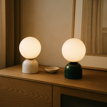 Minimalist Globe Accent Lamp with Natural Stone Base – Frosted Sphere Design for Nightstands, Side Tables & Console Styling – Soft Glow Illu