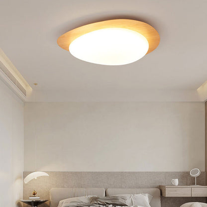 Oval Stone-Textured LED Ceiling Mount Light with Timber Finish for Bedrooms | Modern Hardwired Close-to-Ceiling Fixture for Living Rooms &