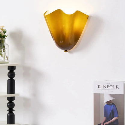 Shell-Inspired Glass Sconce 11 Inch Wide Vintage Iron Bedside Fixture Warm Ambient Hallway Lighting E14 Base Brown Green Beige Tinted Shade