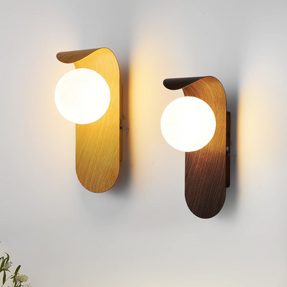 Modern LED Wall Sconce with Curved Wood Arm & Frosted Globe – Warm White Light for Bedroom, Living Room & Hallway – Natural or Walnut Finish