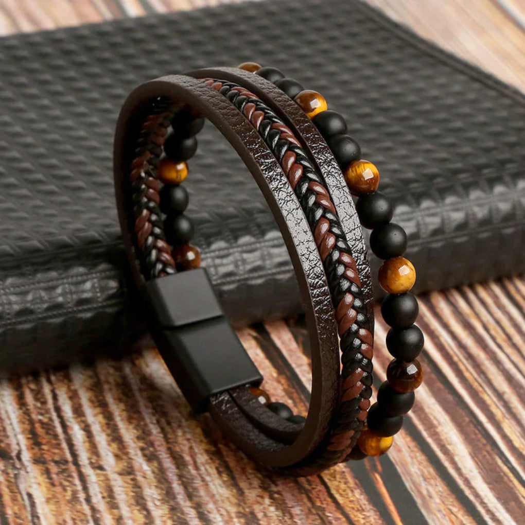 Men's Layered Leather Bracelet with Stone Beads & Magnetic Clasp for Everyday Wear