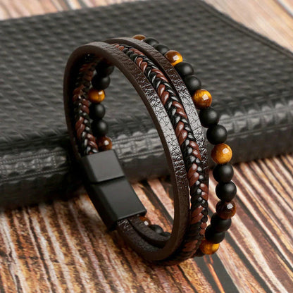 Men's Layered Leather Bracelet with Stone Beads & Magnetic Clasp for Everyday Wear