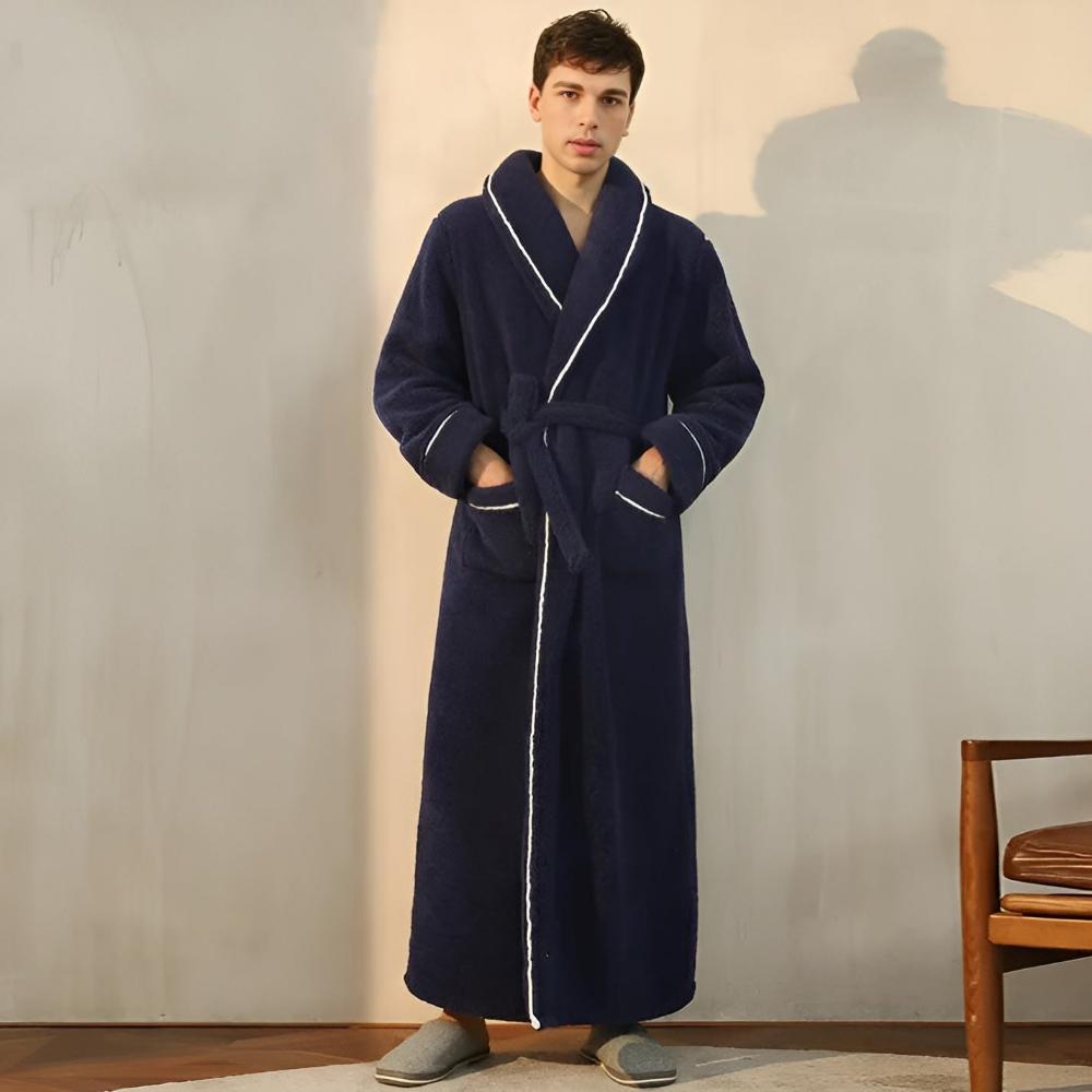 Plush Coral Fleece Bathrobe with Shawl Collar & Pockets – Unisex Lounge Robe for Year-Round Wear
