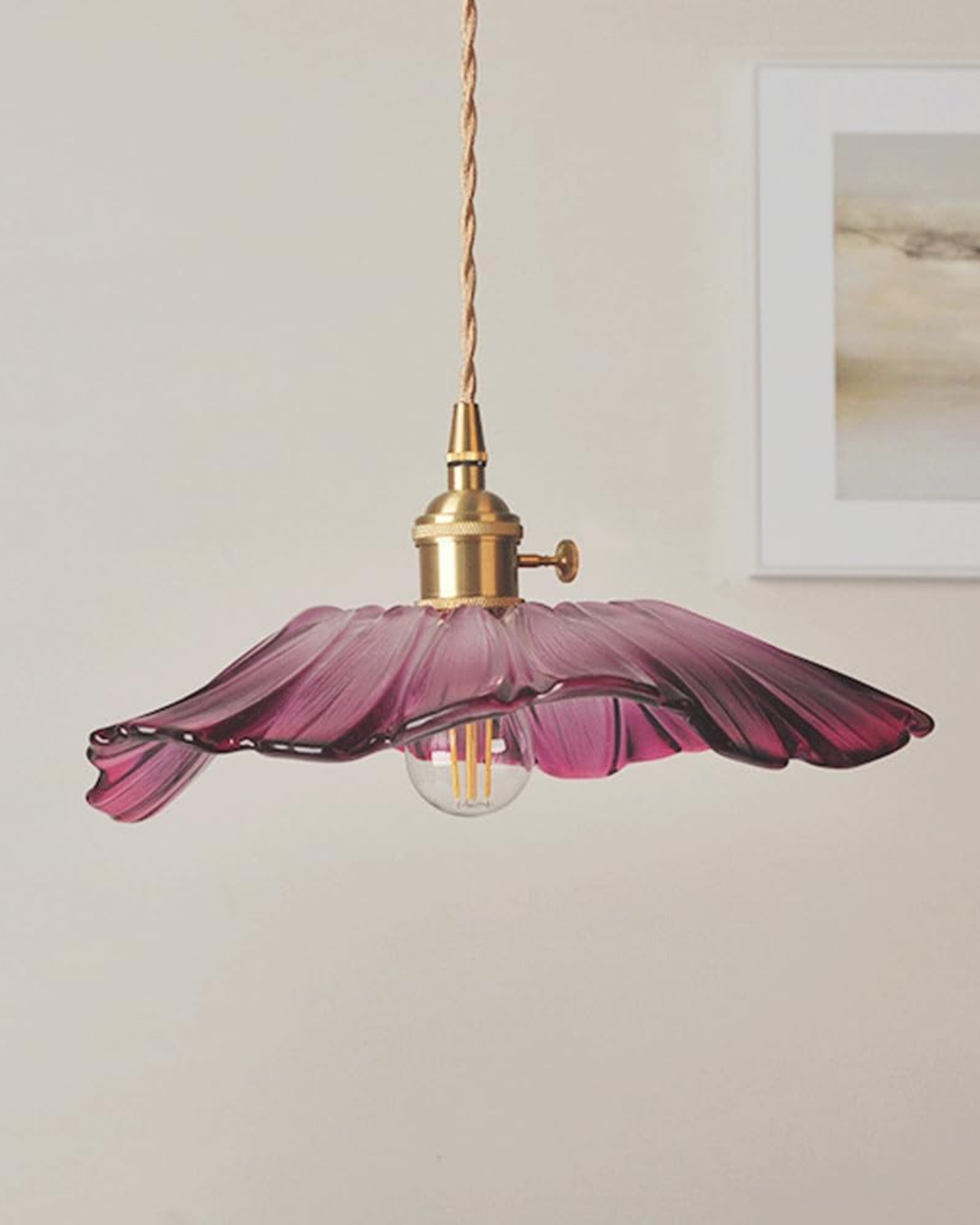 Glass Pendant Light with Brass Socket and Organic Petal Shape for Dining Room and Living Space