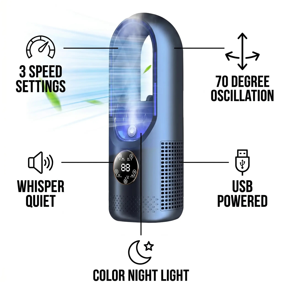 Personal Desktop Cooling Fan USB Powered 6 Speed Settings Quiet Operation Safety Design Compact Desk & Nightstand Use Home Office Bedroom Po