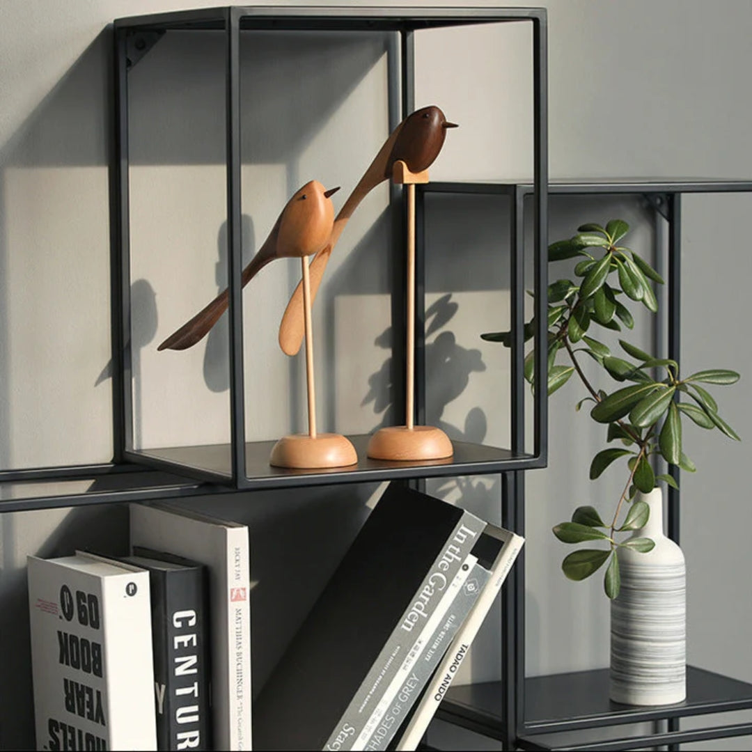 Handcrafted Wooden Bird Sculptures Set of 2 Decorative Figurines Modern Redwood Accent Pieces for Living Room Bedroom Office Mantel