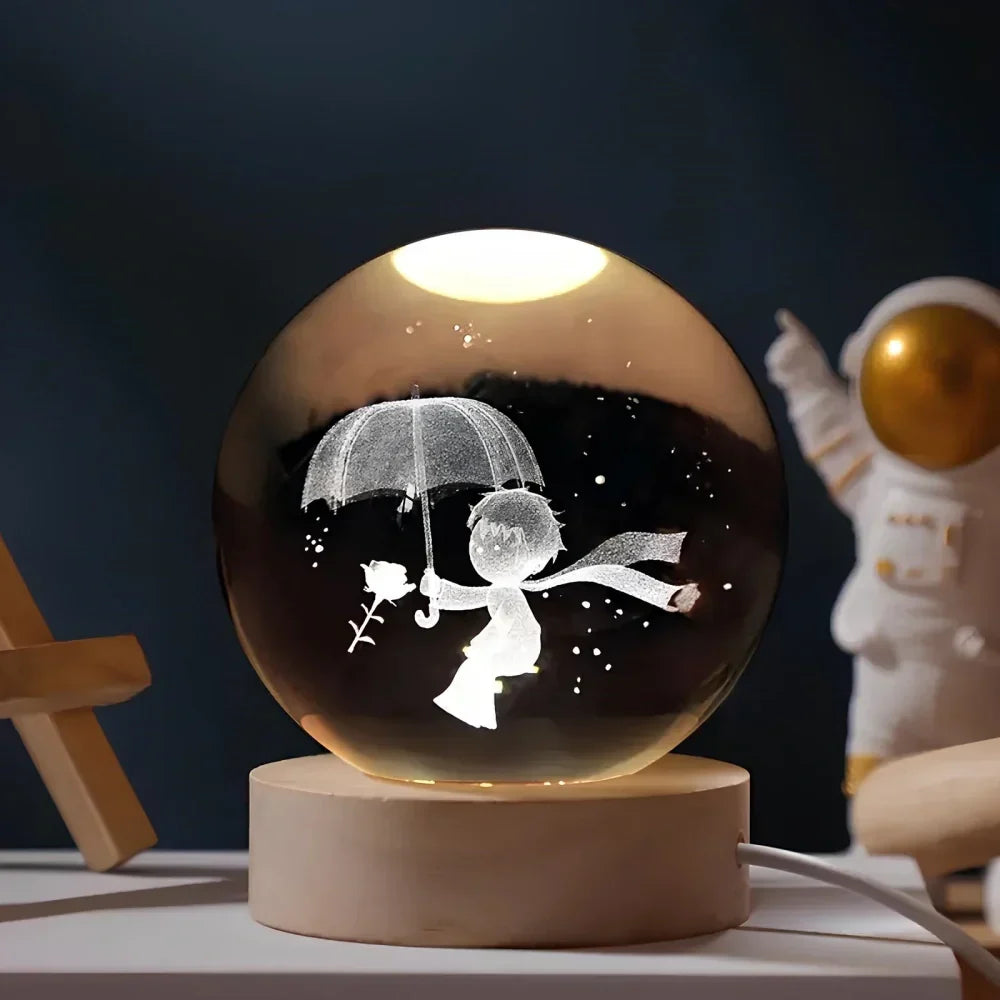 3D Engraved Crystal Planet Sphere Night Light on Wood Base USB Powered Desk Lamp Warm White LED Glow for Bedroom Living Room Nursery Space