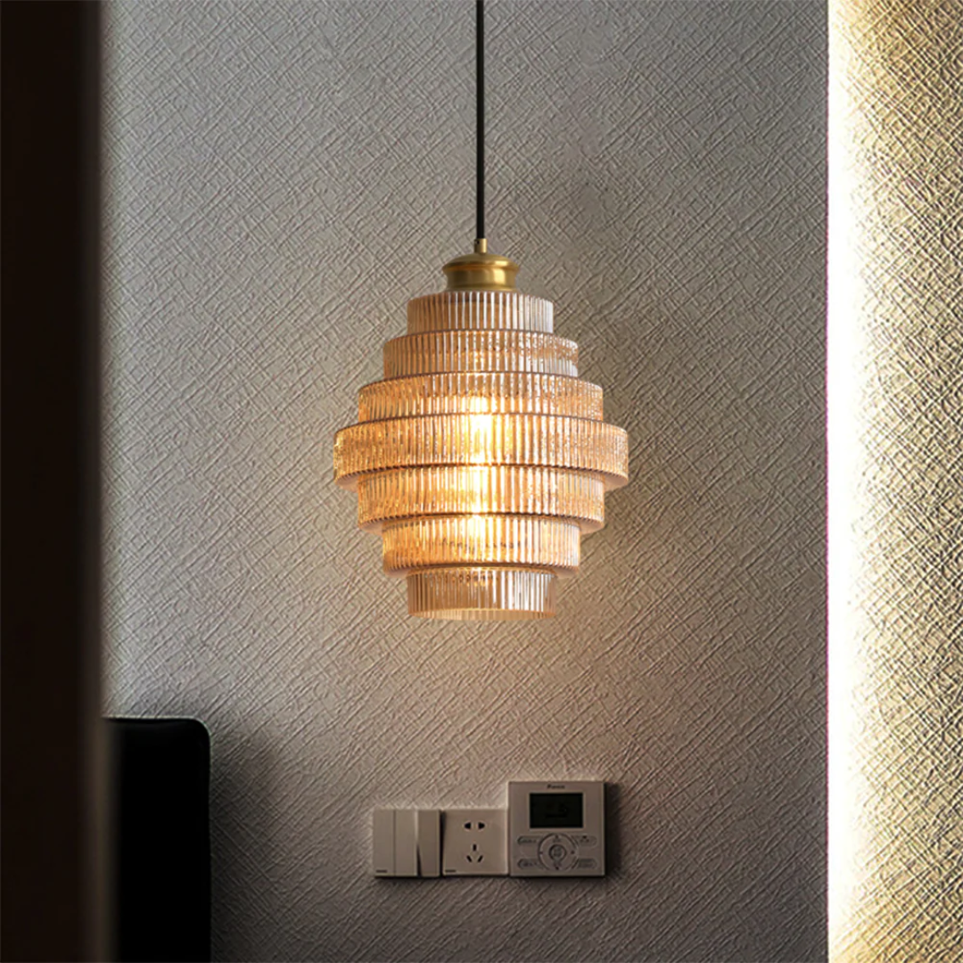 Tiered Glass Shade Ceiling Drop Light with Metallic Trim for Kitchen Islands & Eating Areas