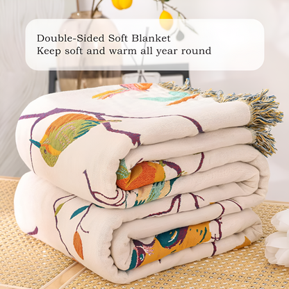 Woven Cotton Throw Blanket with Fringe Tassels & Avian Motif – Breathable, Lightweight Bed or Couch Cover for Boho Living Room, Guest