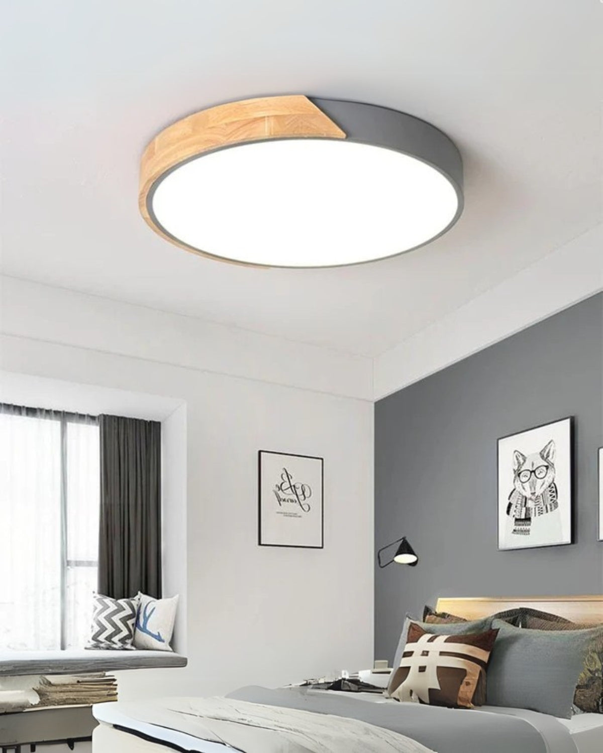Round Flush Mount Ceiling Light with Wood Accent and Integrated LED – Modern Low Profile Fixture in 9, 12, 16, 20, and 24 inch Sizes for Liv