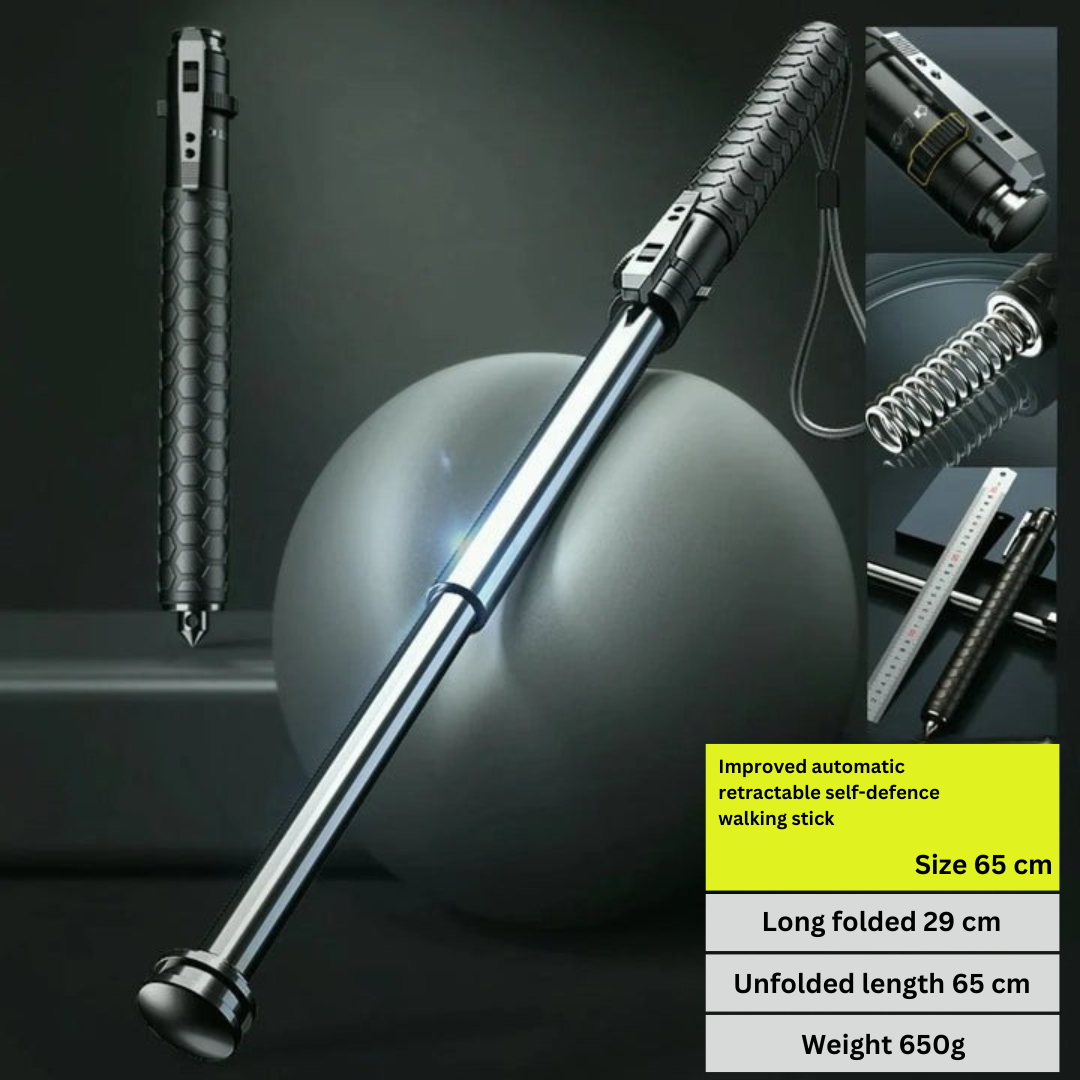 Collapsible Steel Self-Defense Cane with Push-Button Quick Release and Textured Non-Slip Handle for Hiking, Travel, Urban Safety