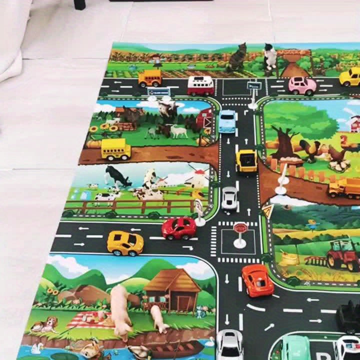 Kids Farm Road Play Rug 39 × 51 Inches Non-Slip Woven Floor Mat for Toddler Pretend Play Vehicle Track Nursery Decor