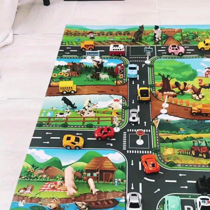 Kids Farm Road Play Rug 39 × 51 Inches Non-Slip Woven Floor Mat for Toddler Pretend Play Vehicle Track Nursery Decor