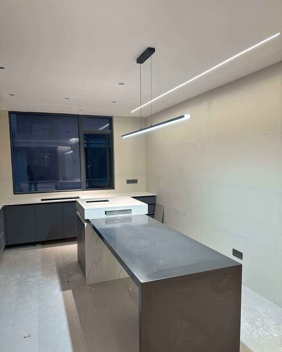 Suspended LED Strip Fixture for Countertop Islands – Dimmable Metal Bar Light with Remote in Matte or Gloss White – 39 to 102 in Adjustable