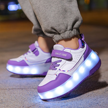 Light-Up Roller Skate Shoes for Kids with Detachable Wheels Purple Rechargeable Sneakers Boys Girls Indoor Outdoor Heelys-Style Footwear Ath