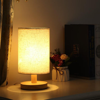 Natural Wood & Linen Table Lamp with Remote Control – Dimmable LED Touch Lamp for Bedroom, Nightstand, Desk – Minimalist Scandinavian