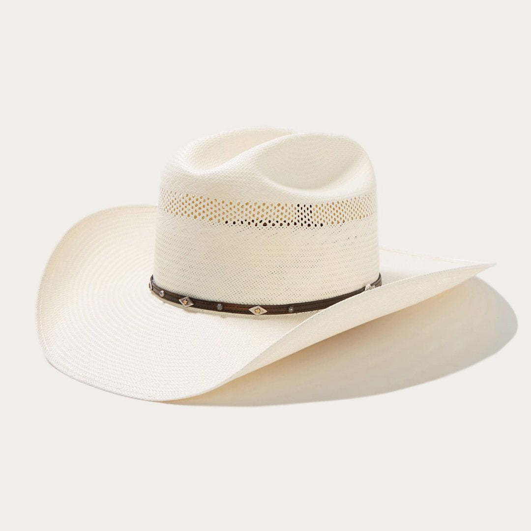 Woven Straw Western Hat Breathable Cowboy Crown Leather Band Silver Gold Accents 4.25" Brim for Summer Rodeo Ranch Outdoor Festivals