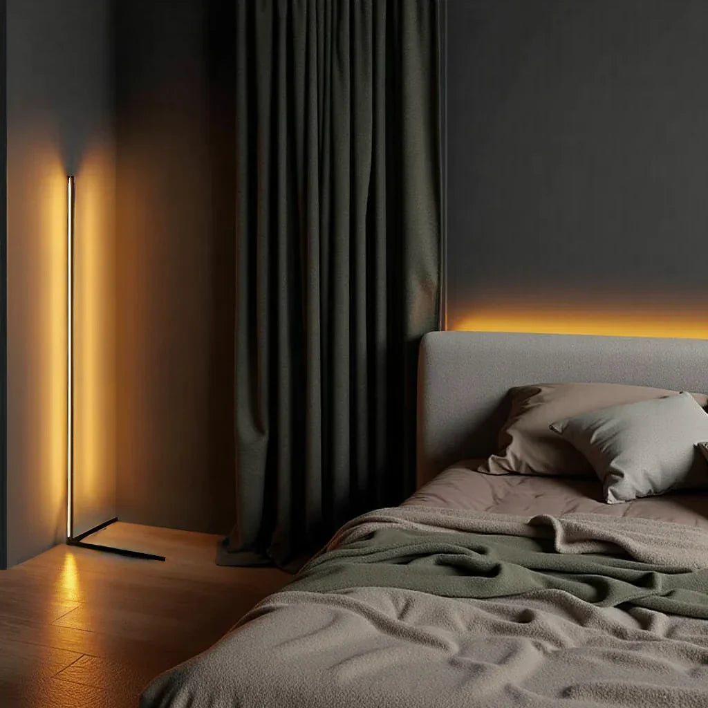 Wireless Remote LED Uplight with Adjustable Brightness for Bedroom, Living Room & Study Spaces | Modern Tall Pole Lamp in Black