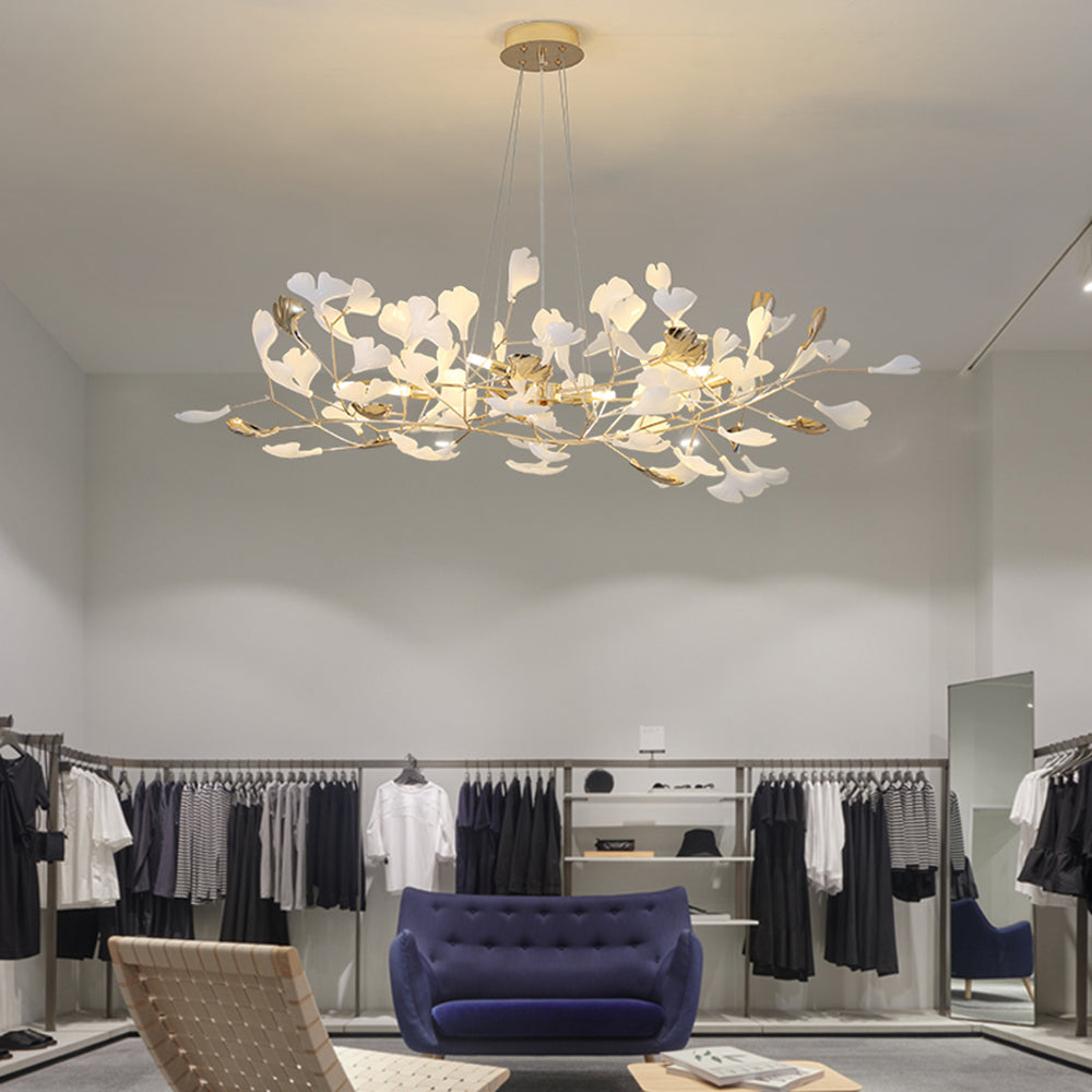 Ceramic Leaf Cluster Pendant Light with Adjustable Cord – Gold Metal Frame Multi-Bulb Chandelier for Dining Room, Living Room & Bedroom
