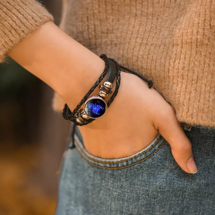 Adjustable Leather Zodiac Bracelet with Blue Stone Charm for Men & Women | Classic Wrist Cuff with Astrology Symbol | Handcrafted Steel &