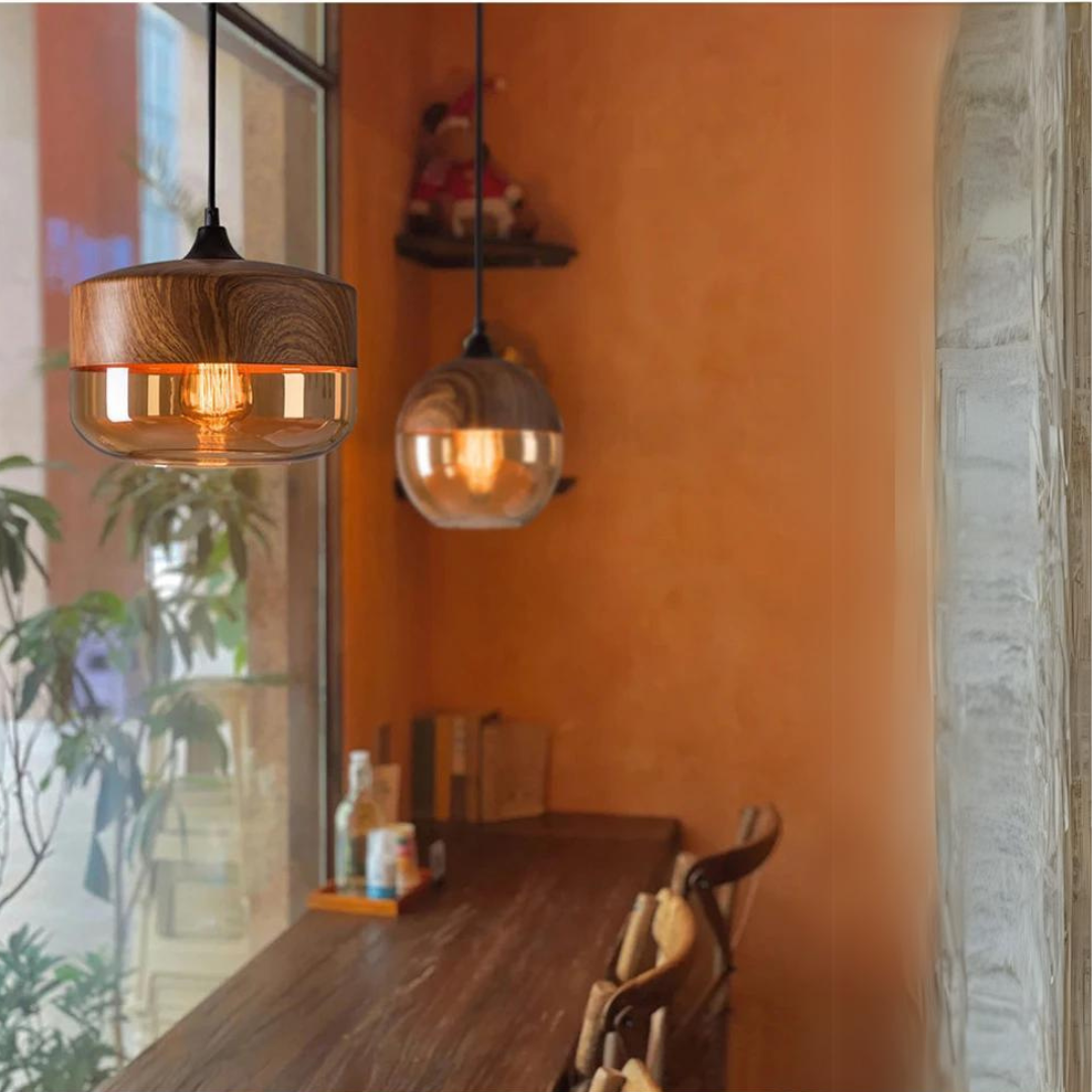 Glass Pendant Light with Wood-Look Metal – Scandinavian Hanging Fixture for Dining Room, Bedroom & Living Room