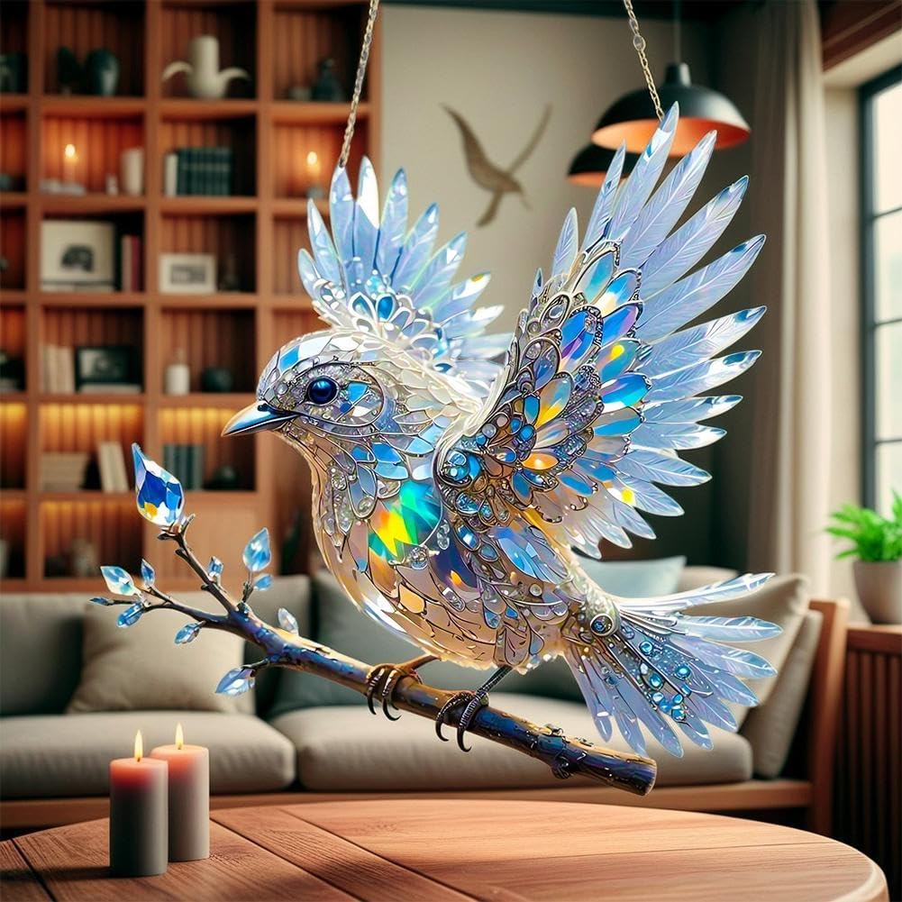 Prism Bird Window Ornament - Rainbow Light Catcher Suncatcher for Home Windows, Crystal Effect Acrylic Decoration 6x6 or 8x8 Inch