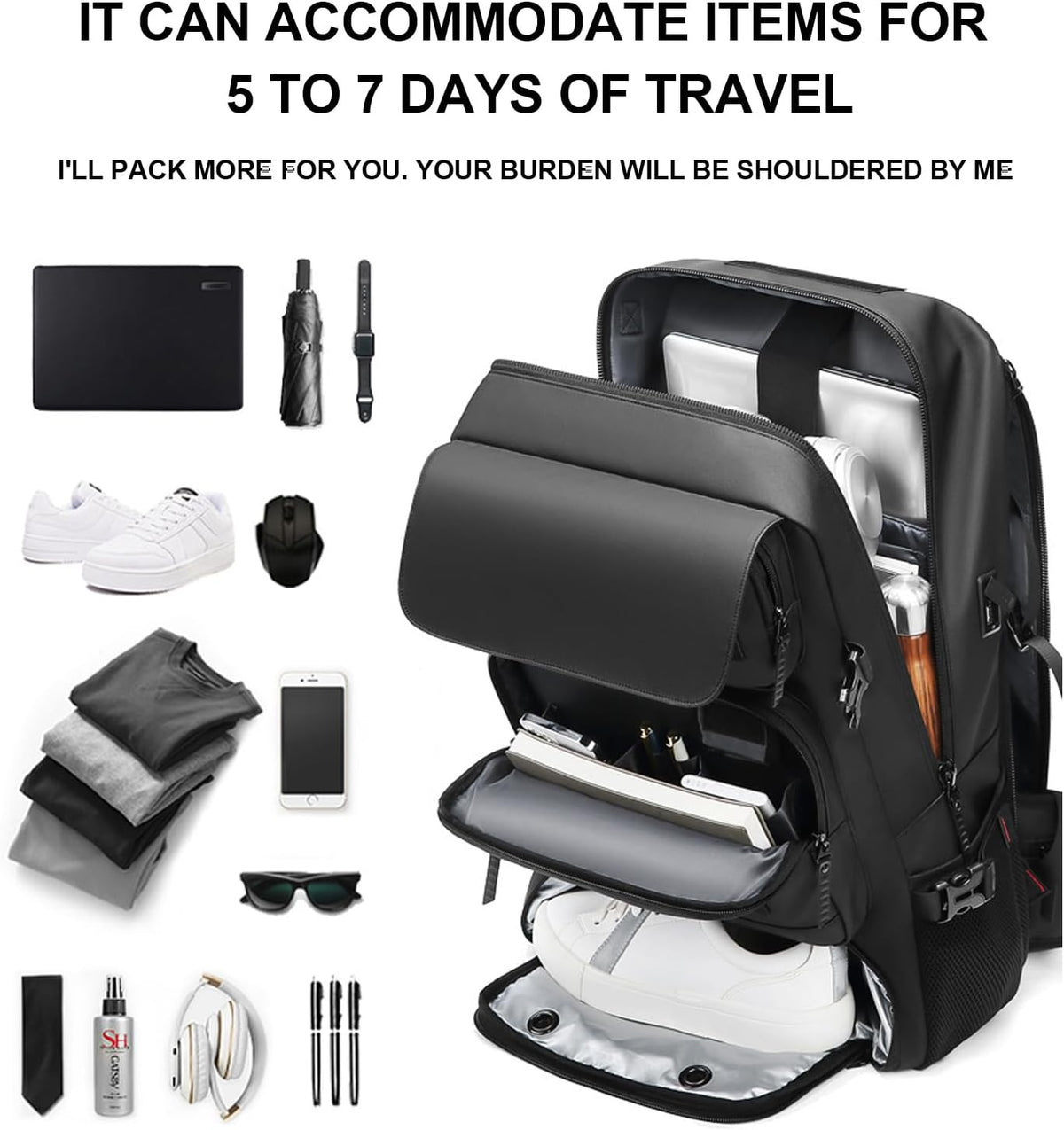 Travel Backpack for Waterproof Carry-On - 50L Weekender Bag with Shoe Pocket & USB