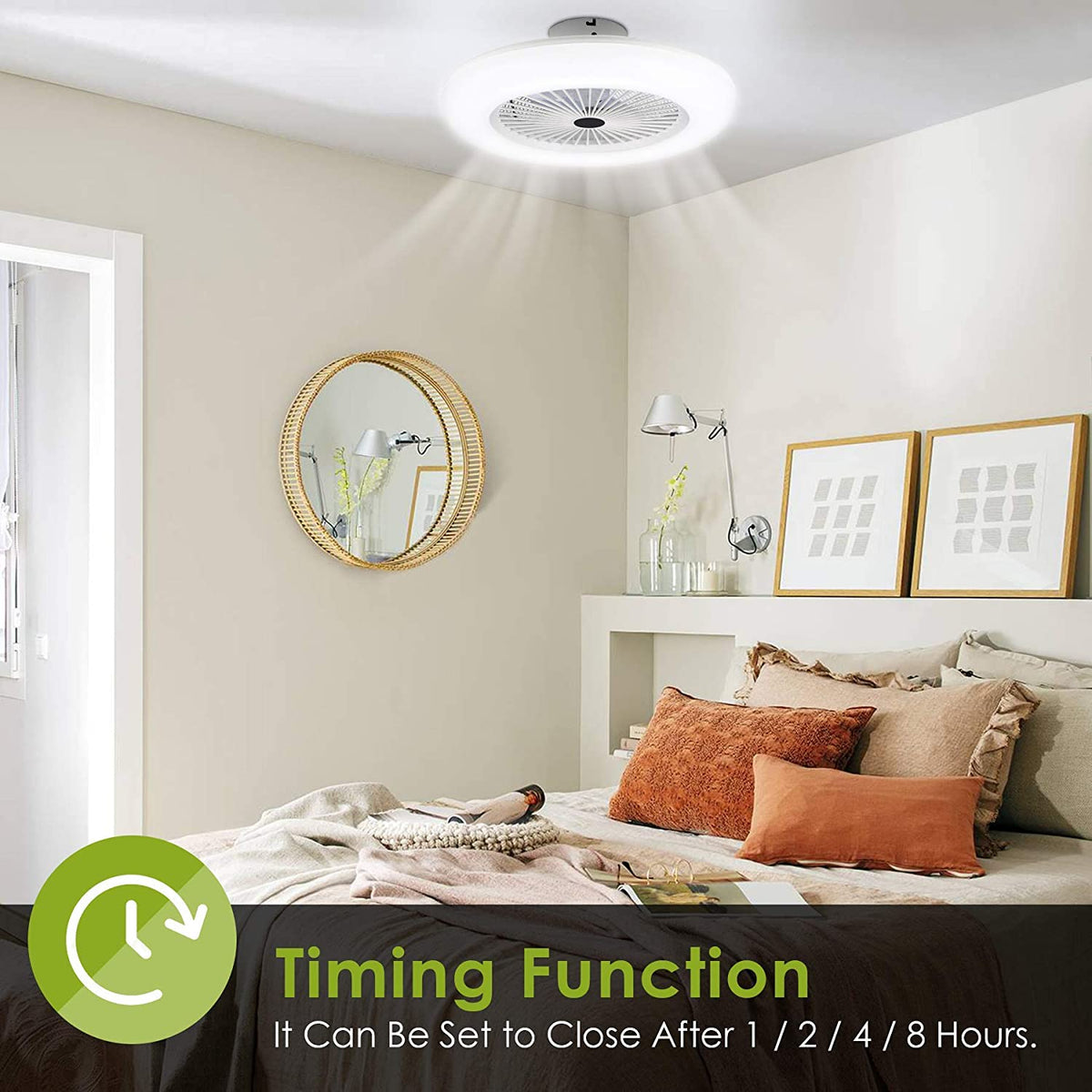 80W Ceiling Fan Light Combo 10 Inch Remote Control 3 Speed LED Flush Mount with Timer for Bedroom Living Room