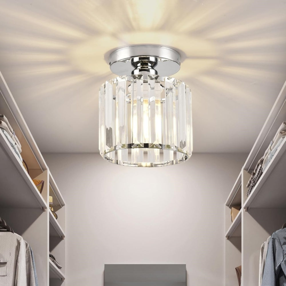 Decorative Flush Mount Light Fixture with Glass Cube and Metal Accents E27 Socket for Entryway Bedroom Small Room Ambient Overhead Lighting