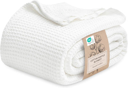 100% Cotton Waffle Weave Throw Blanket Queen King Breathable Lightweight Bed Cover for All Seasons Couch Sofa Bedroom Layering Textured