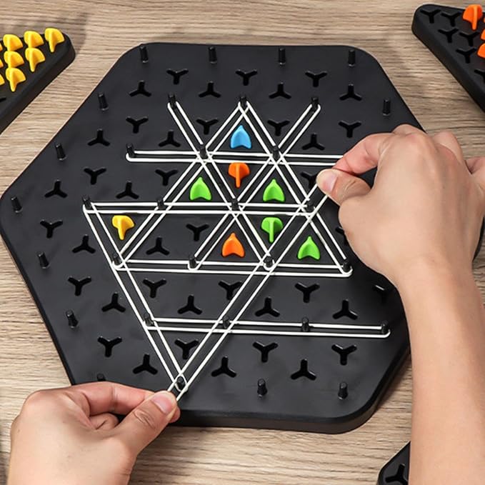 Triangle Strategy Board Game for Kids & Adults – Spatial Reasoning Puzzle with Pegs & Bands for Family Game Night
