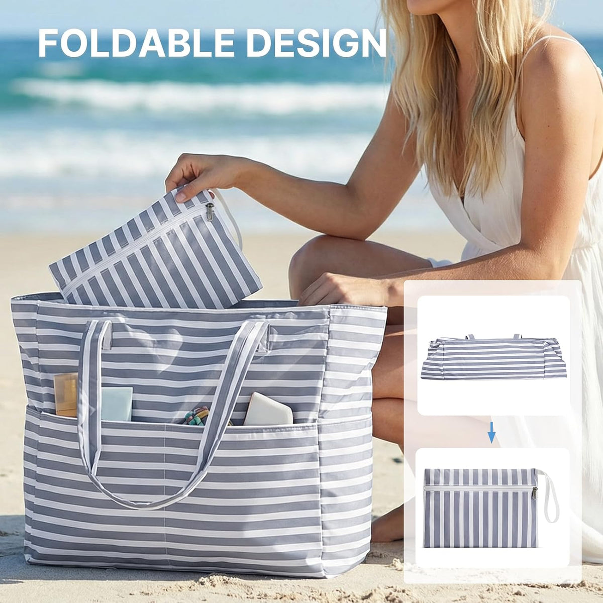 Beach Bag Waterproof and Sandproof, Foldable Beach Tote Bag with Wet Compartment, Extra Large Beach Bag for Travel