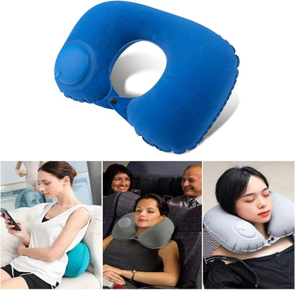Inflatable Neck Travel Pillow with Built-In Hand Pump for Airplane, Car & Train Trips | Waterproof Ergonomic Support | Compact Portable Desi