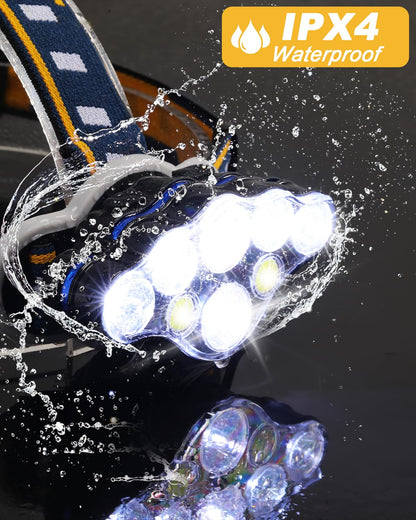 Rechargeable LED Headlamp 18000 Lumens 8 Mode High Power Waterproof Head Torch White & Red Light USB Camping Hiking Running Hands-Free
