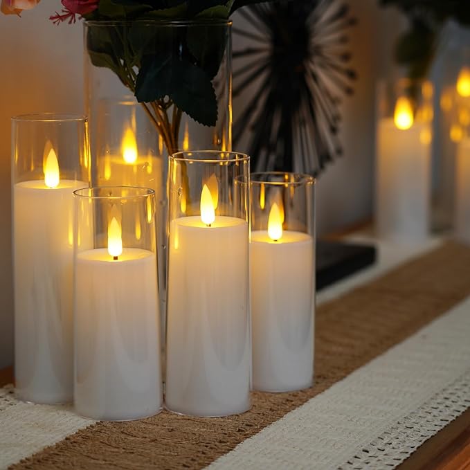 Remote-Controlled LED Pillar Candles 9-Piece Set with Timer for Living Room Bedroom Dining Decor Acrylic Battery-Powered Ivory