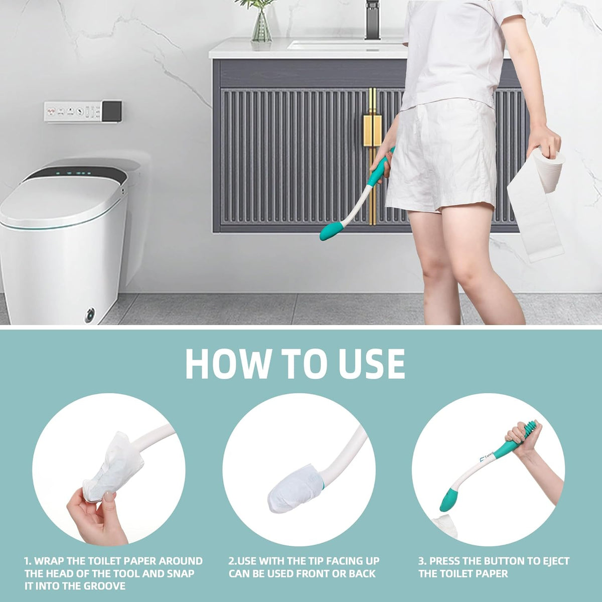 Extended-Reach Personal Hygiene Aid with Button Release for Bathroom Independence & Dignity – 15-Inch Comfort Grip Tool for Limited