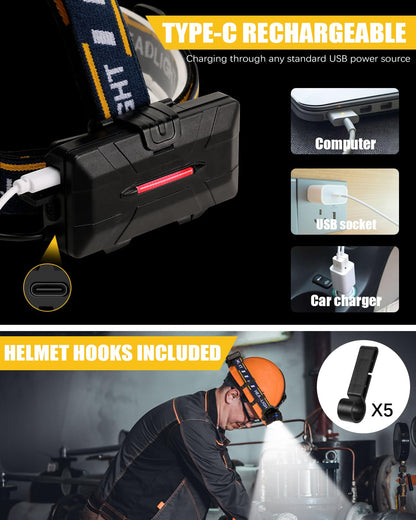 Rechargeable LED Headlamp 18000 Lumens 8 Mode High Power Waterproof Head Torch White & Red Light USB Camping Hiking Running Hands-Free