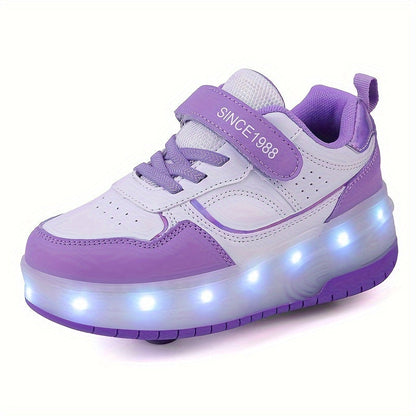Light-Up Roller Skate Shoes for Kids with Detachable Wheels Purple Rechargeable Sneakers Boys Girls Indoor Outdoor Heelys-Style Footwear Ath