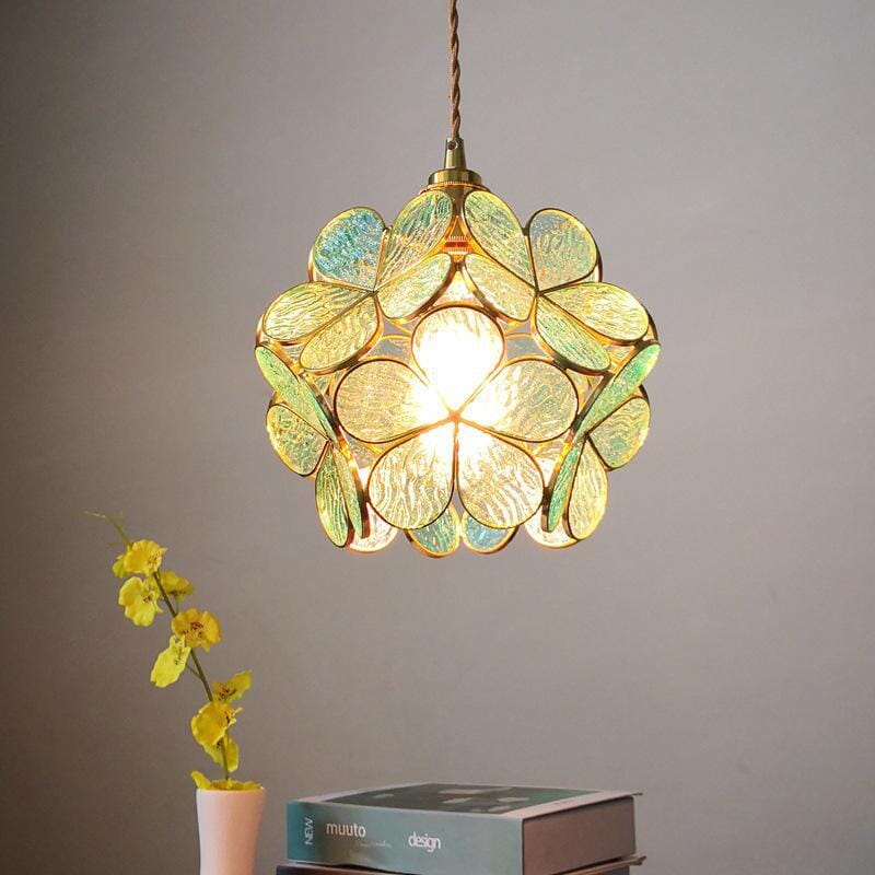 Sculptural Glass Hanging Light 9 Inch Floral Design Warm LED Adjustable Ceiling Fixture for Bedroom Kitchen Dining Nook Modern Botanical Ins