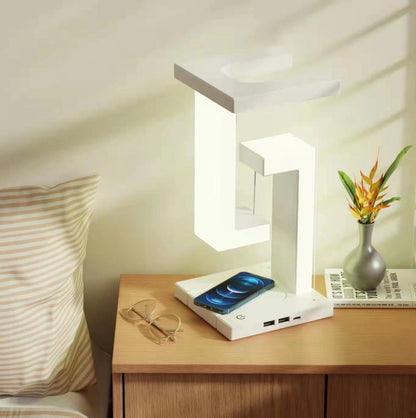 Floating Magnetic Desk Lamp with Wireless Charging Pad for Smartphones - Adjustable Brightness Touch Control LED Light for Home Office