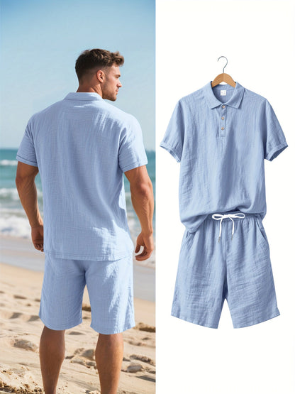 Men's Short-Sleeve Polo & Shorts Linen Set Summer Two-Piece Outfit Lightweight Breathable Casual Wear for Warm Weather