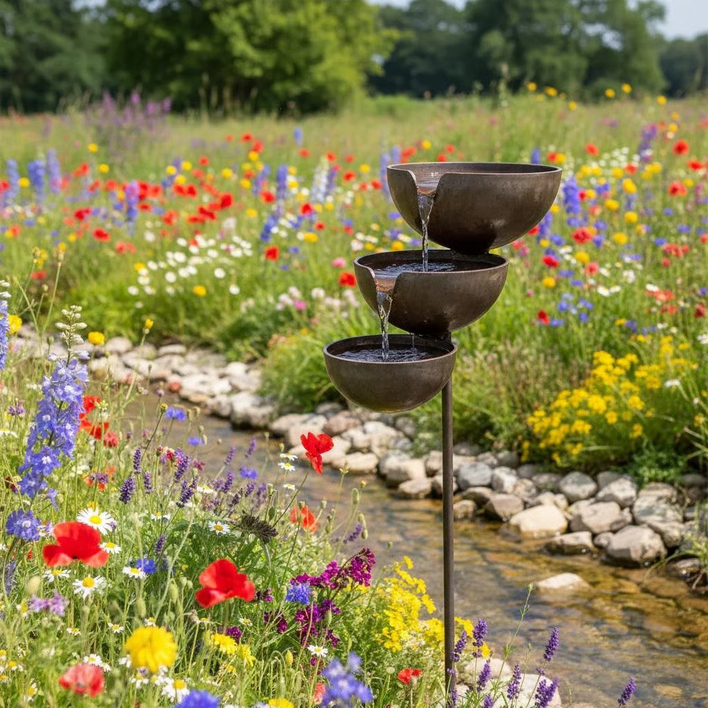 Tiered Metal Rain-Fed Bird Bath for Garden – Self-Filling Water Feature with Cascading Bowls
