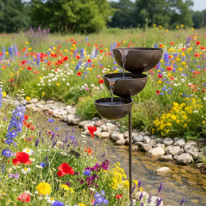 Tiered Metal Rain-Fed Bird Bath for Garden – Self-Filling Water Feature with Cascading Bowls