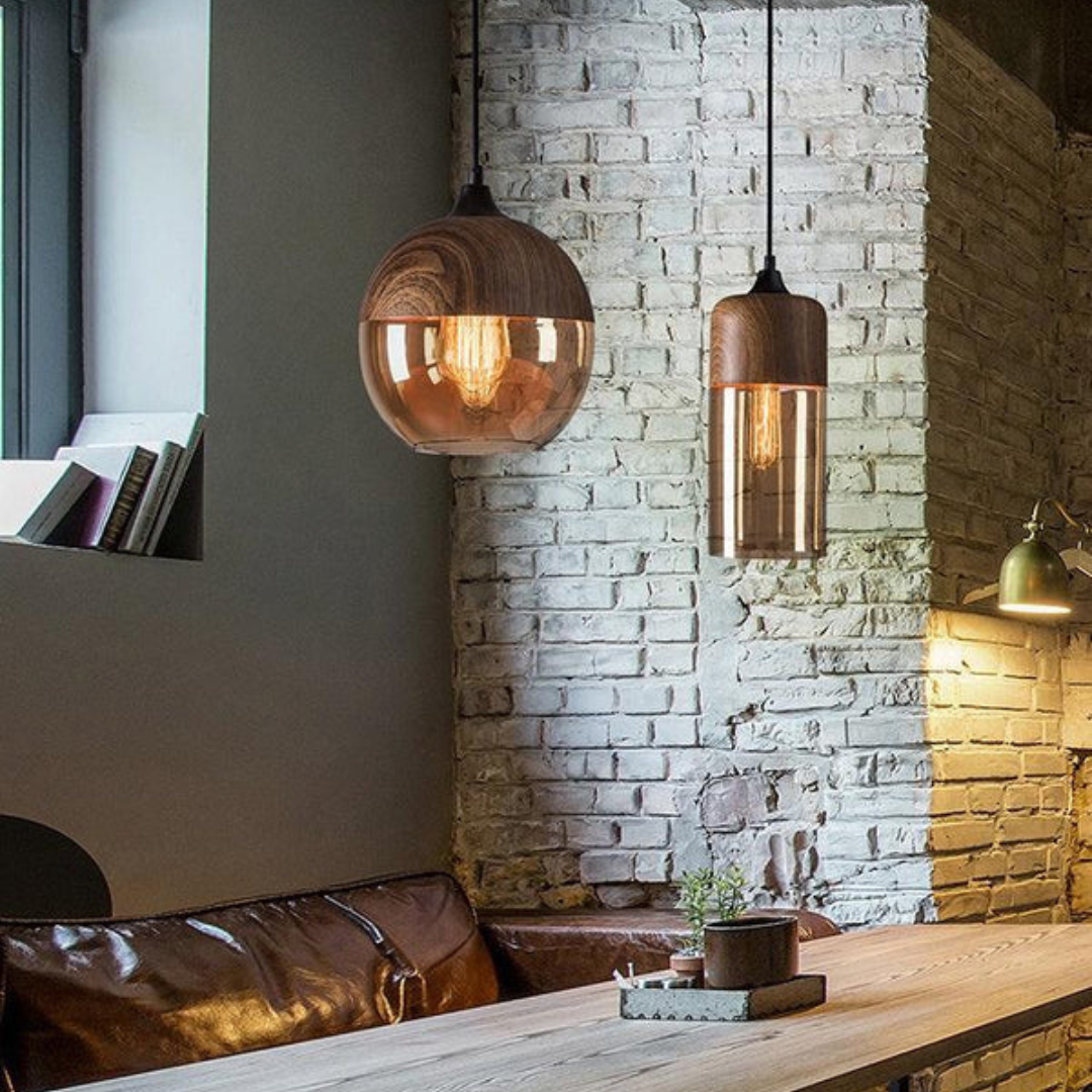 Glass Pendant Light with Wood-Look Metal – Scandinavian Hanging Fixture for Dining Room, Bedroom & Living Room