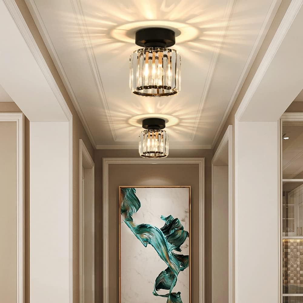 Cube Crystal Flush Mount Ceiling Light with Brass Frame 10 Inch for Bedroom Hallway Entryway Living Room Office Modern Home Lighting Fixture