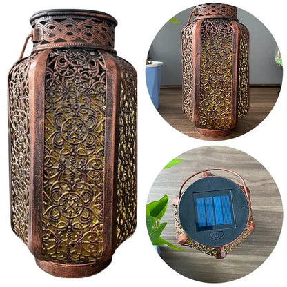 Sun-Charged Metal Garden Lantern with Cutout Moroccan Design for Porch, Deck & Yard Lighting