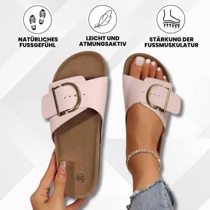 Women's Buckle Cork Footbed Sandals Orthopedic Toe Loop Slip-On Slides for Bunion Relief & Arch Support Casual Summer Shoes
