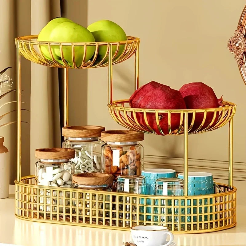 Three-Tier Countertop Organizer Stand Metal 10×9×6.5 Inches Gold Produce Holder Display Rack for Kitchen Dining Room Snacks Appetizers Pastr