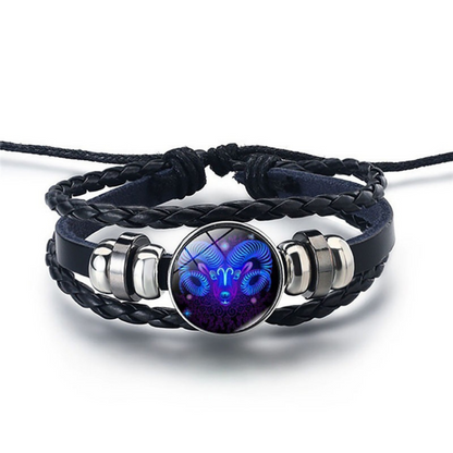 Adjustable Leather Zodiac Bracelet with Blue Stone Charm for Men & Women | Classic Wrist Cuff with Astrology Symbol | Handcrafted Steel &